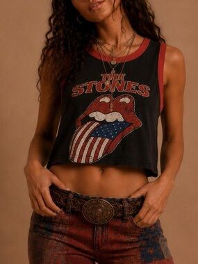 the Rolling Stones Black Crop Tank with Red Trim & Flag Graphic